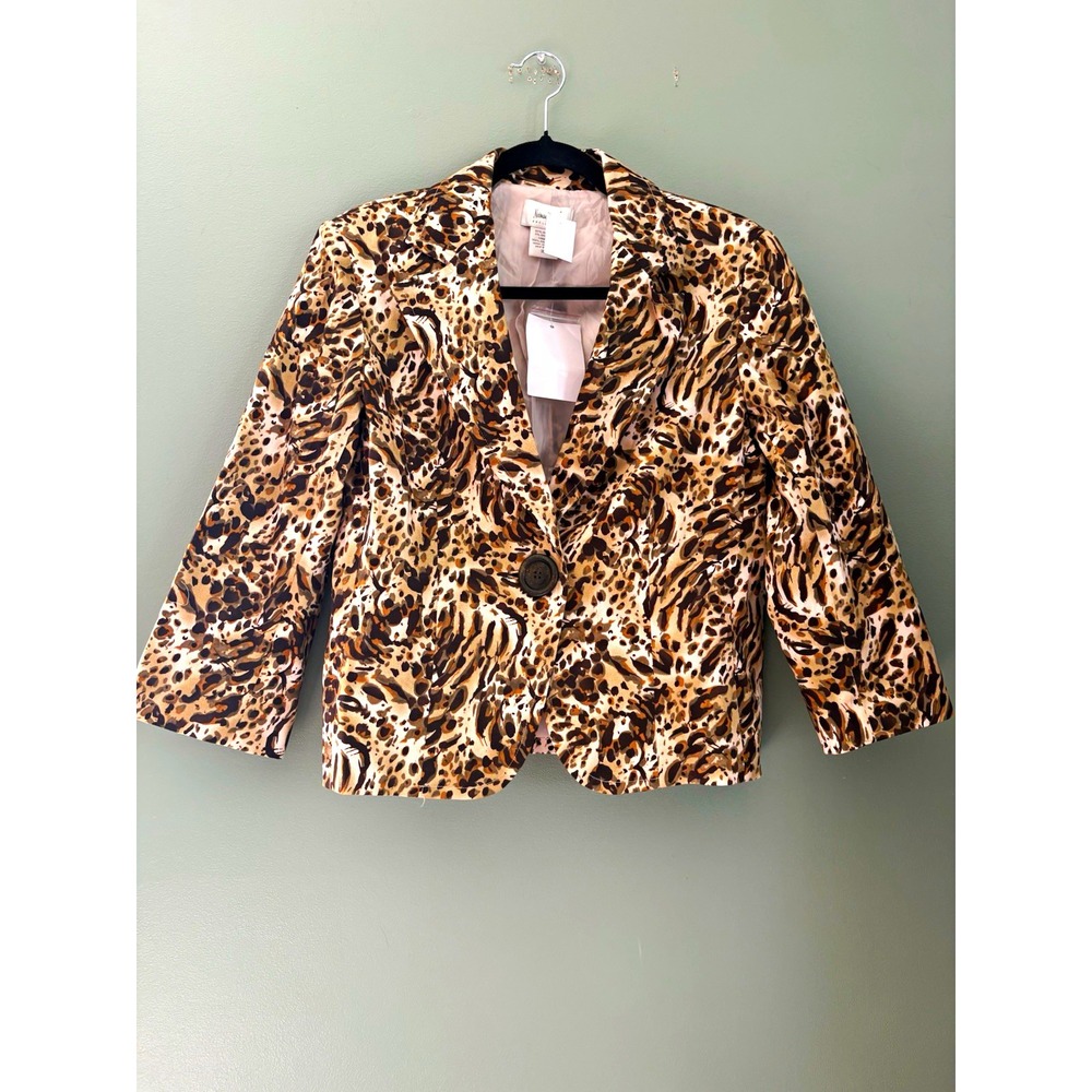 Neiman Marcus Animal Print Lined Jacket Button Front 3/4 Sleeve 10 Brown